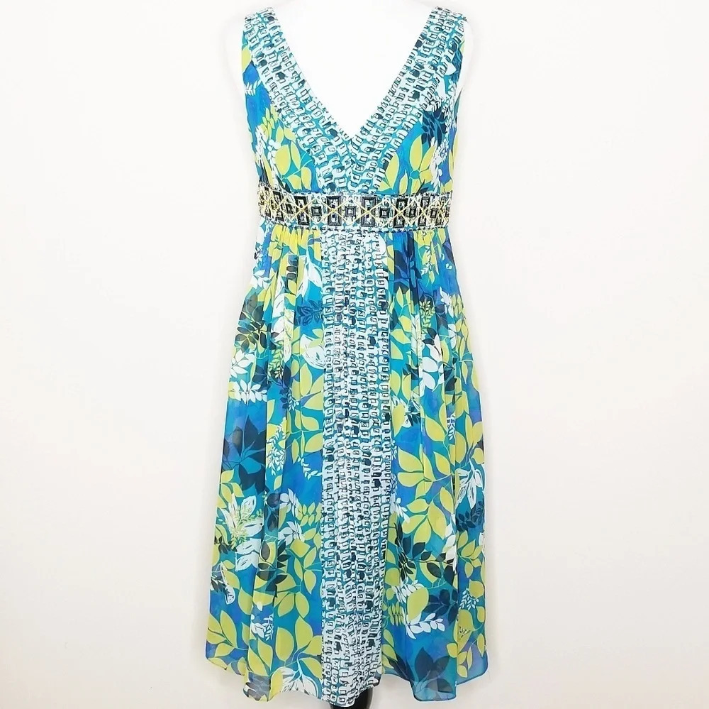 Adrianna Papell Blue & Green Floral Silk Beaded Dress 6